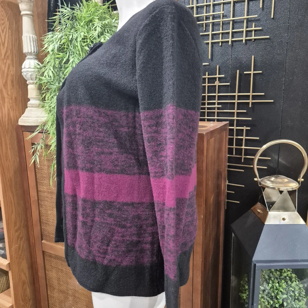 Katie Todd Elegant Black & Magenta Striped Wool-Blend Cardigan Sweater Sz L - Picture 5 of 10